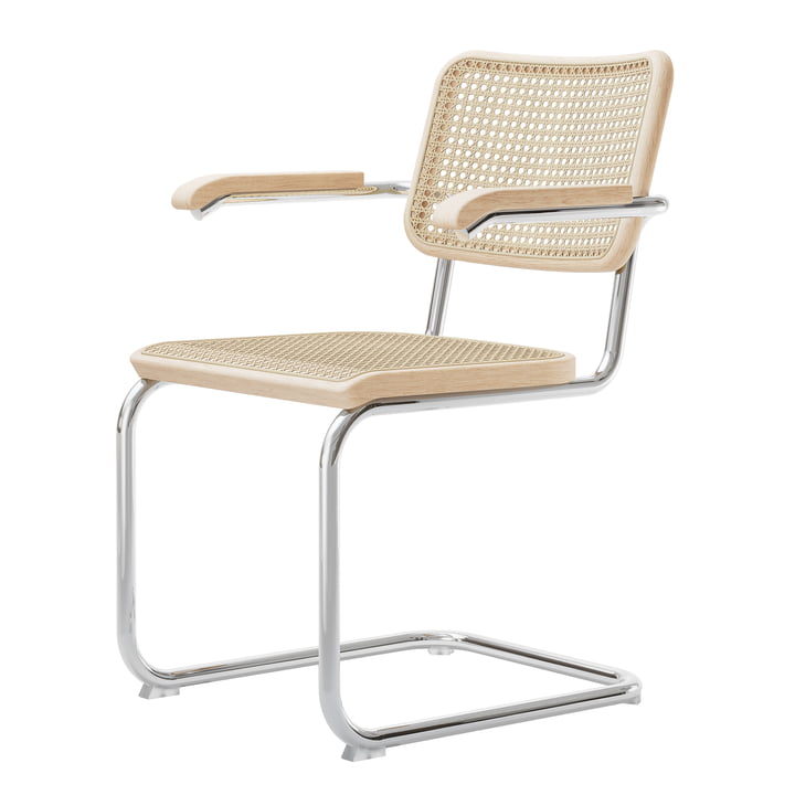 S 64 V Armchair, chrome / natural lacquered ash / wickerwork with plastic support fabric from Thonet