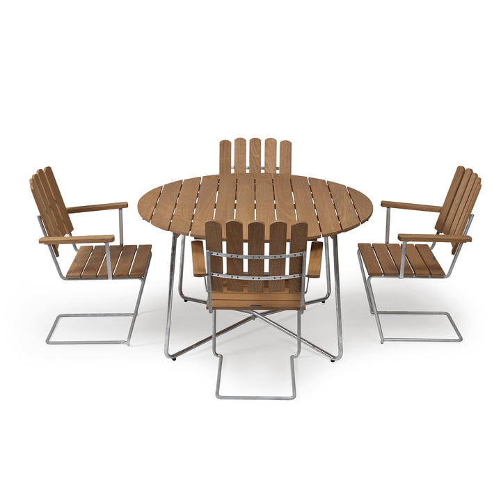 9A 100 Garden table Ø 100 cm, teak with chairs by Grythyttan