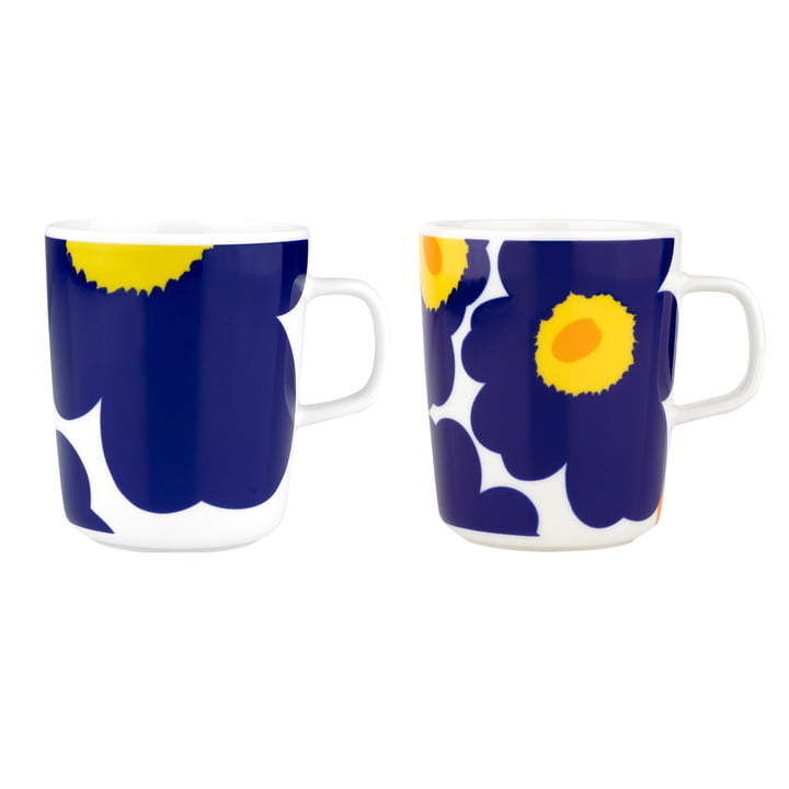 Marimekko - Oiva Iso Unikko & Unikko mug with handle, 60th Anniversary, 250 ml, white / dark blue / yellow (set of 2) (60th Anniversary Collection)