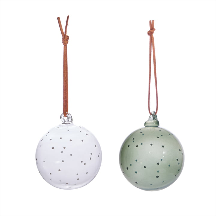 Natale Christmas bauble, glass, clear / green (set of 2) by OYOY