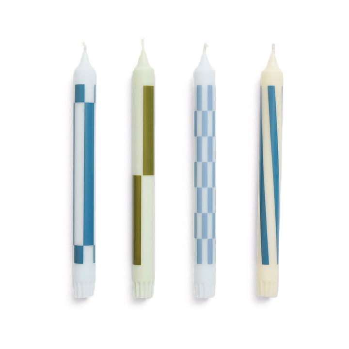 Hay - Pattern Stick candles, H 24 cm, green / blue (set of 4)