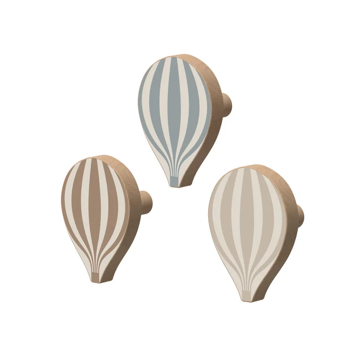 Cam Cam Copenhagen - Wooden hook, hot air balloon, coastal mix (set of 3)