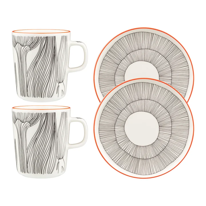 Marimekko - Oiva Kukat Puhkeavat breakfast set, black / white / orange (4 pcs.)