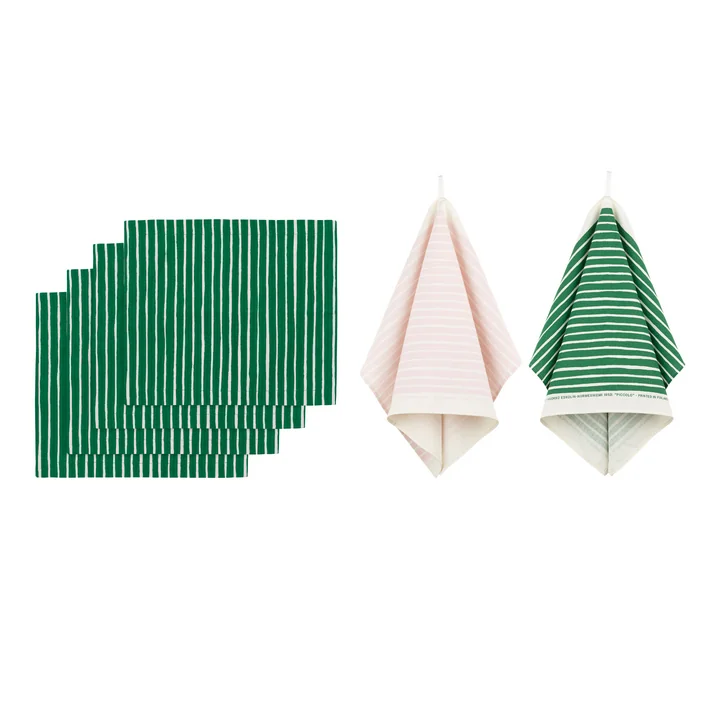 Marimekko - Piccolo kitchen set, tea towel & Placemats, green / pink (6 pcs.)