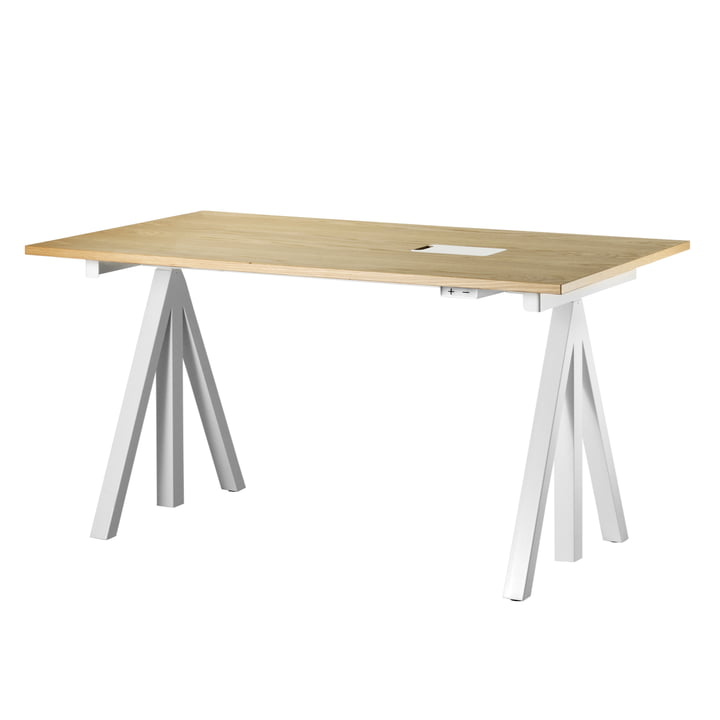 String - Works Desk, height-adjustable, white, table top 140 x 78 cm / oak