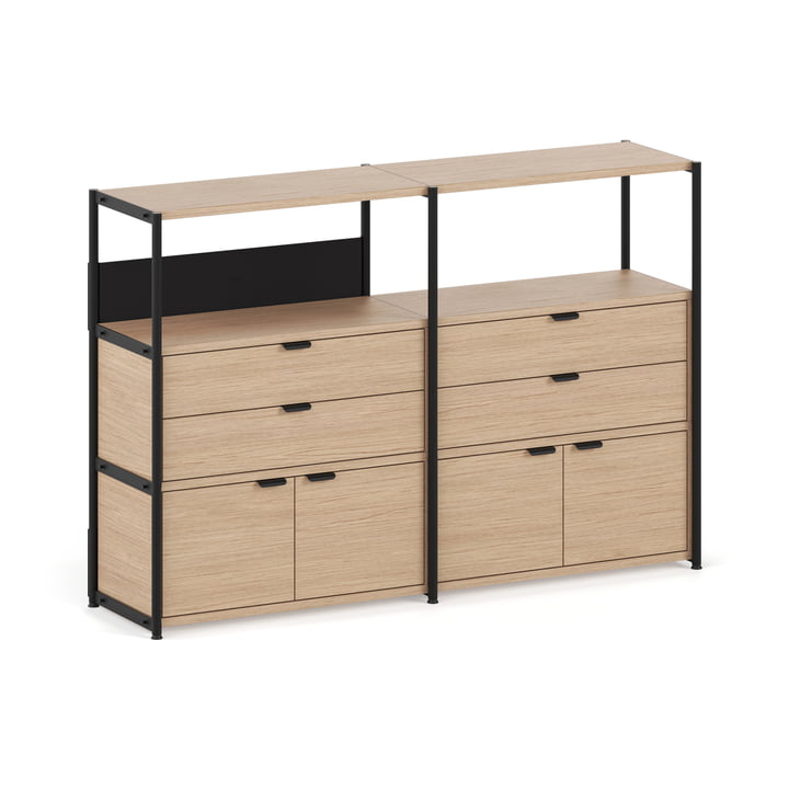 TipToe - Unit Shelving system, H 110 x 164 cm, incl. 2 doors and 2 drawers, oak / graphite black