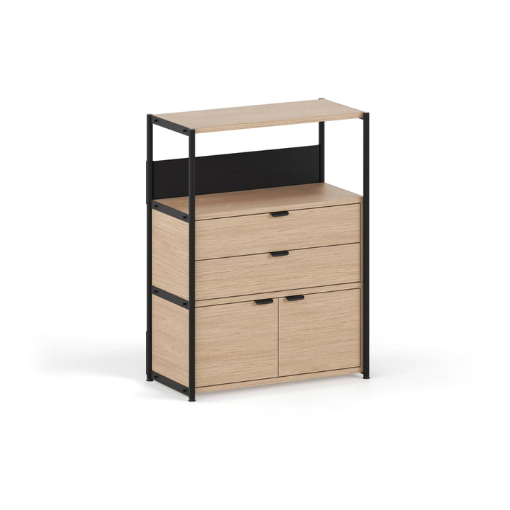 TipToe - Unit Shelving system, H 110 x 84 cm, incl. 1 door and 1 drawer, oak / graphite black