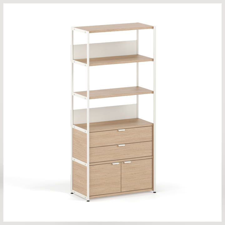 TipToe - Unit Shelving system, H 180 x 84 cm, incl. 1 door and 1 drawer, oak / cream white