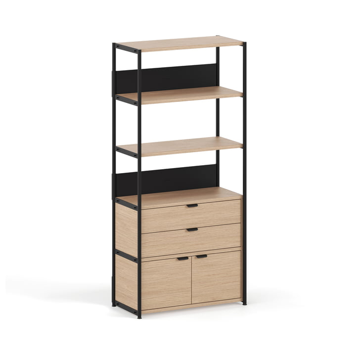 TipToe - Unit Shelving system, H 180 x 84 cm, incl. 1 door and 1 drawer, oak / graphite black