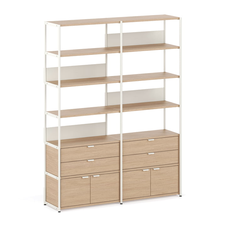 TipToe - Unit Shelving system, H 215 x 164 cm, incl. 2 doors and 2 drawers, oak / cream white