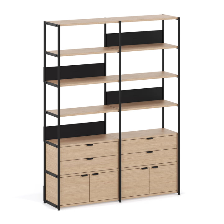 TipToe - Unit Shelving system, H 215 x 164 cm, incl. 2 doors and 2 drawers, oak / graphite black