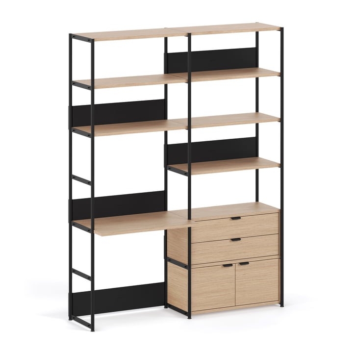 TipToe - Unit Desk system, H 215 x 164 cm, incl. door and drawer, oak / graphite black