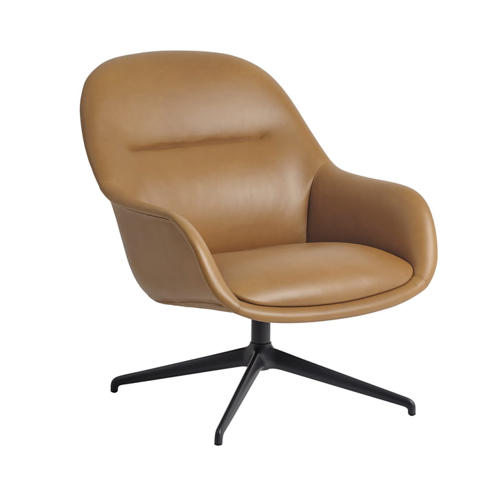 Muuto - Fiber Lounge Armchair Swivel Base, black / Refine Leather Cognac