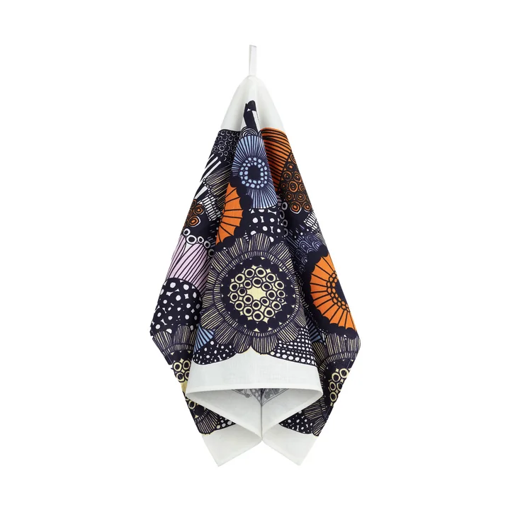 Siirtolapuutarha tea towel, 47 x 70 cm, white / light yellow / orange / light blue (spring/summer 2025) by Marimekko
