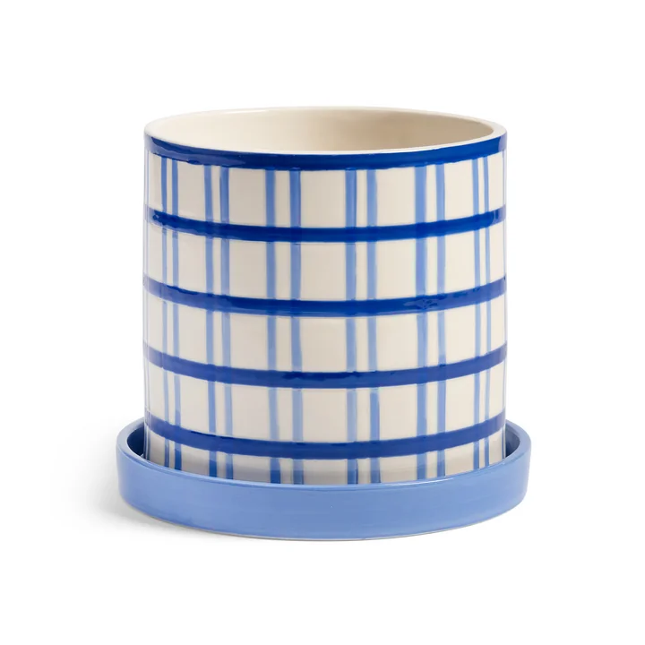 & klevering - Clash flower pot with saucer, grid, Ø 18 x 16.5 cm, blue / white