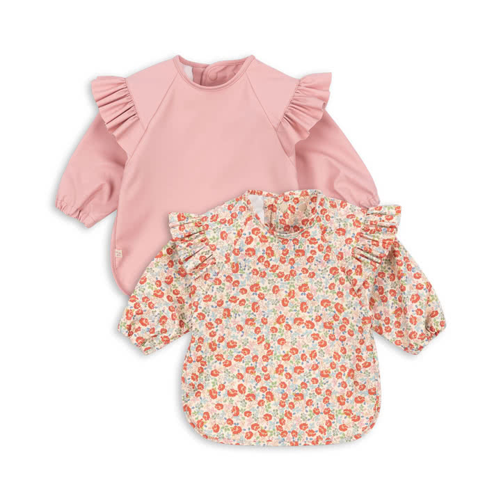 Konges Sløjd - Bib with sleeves and ruffles, kalkua / bridal rose (set of 2)
