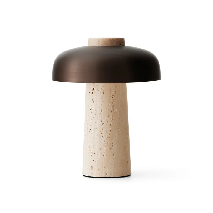 Audo - Reverse LED table lamp with rechargeable battery, Ø 24.5 x H 19.6 cm, burnished brass / travertine stone