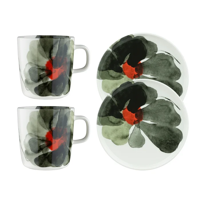 Marimekko - Oiva Valssi breakfast set, white / forest green / tomato red (4 pcs)