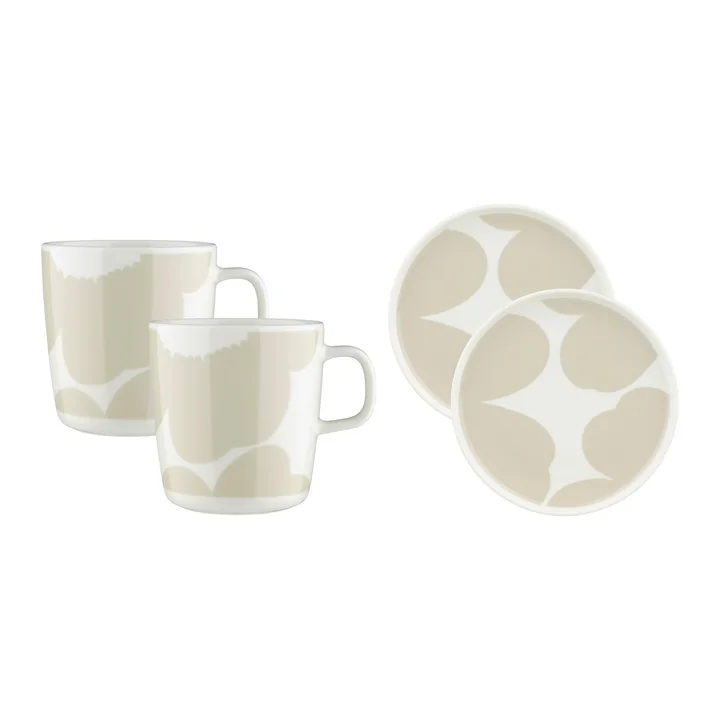 Marimekko - Oiva Iso Unikko Plate & Mug, Ø 25 cm & 250 ml, white / straw (set of 4)