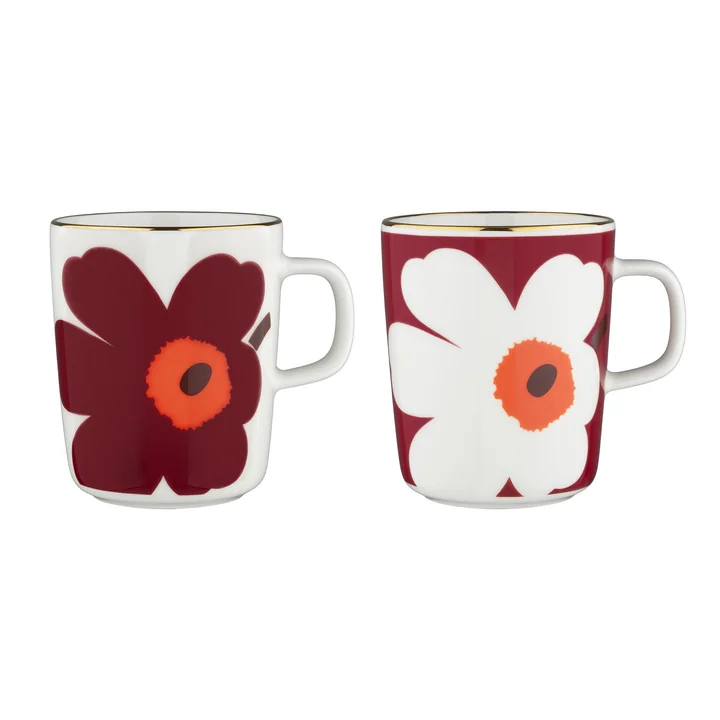 Marimekko - Oiva Juhla Unikko mug with handle, 250 ml, white / burgundy / gold (set of 2)