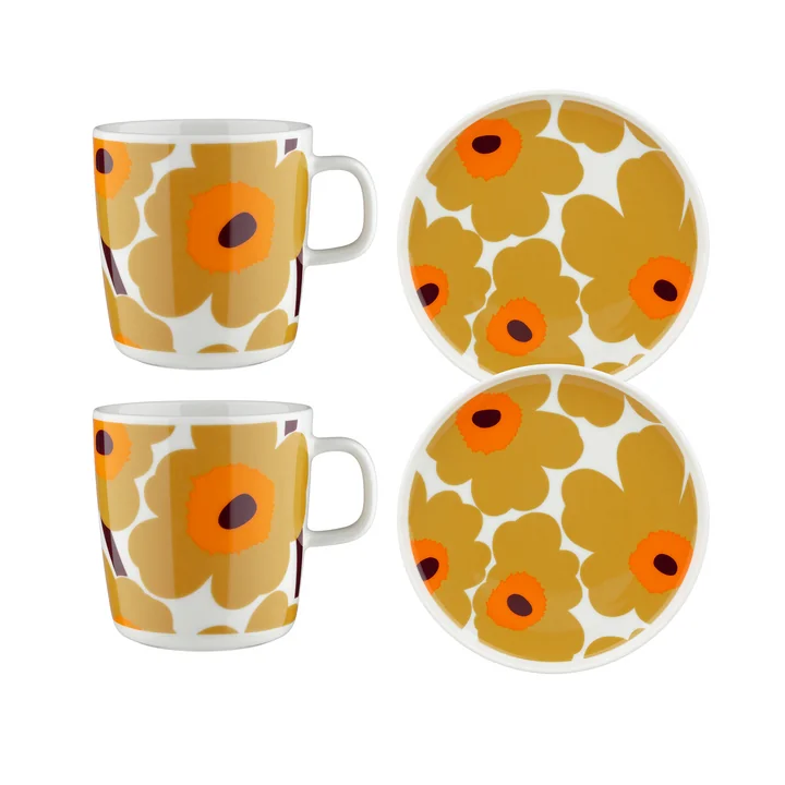 Marimekko - Oiva Unikko Breakfast set, caramel / cream / warm orange (4 pcs)