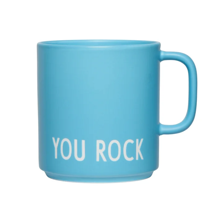 Design Letters - AJ Favorite porcelain mug with handle, You Rock / swim cap blue