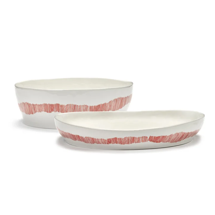 Serax - Feast salad bowl and serving bowl M, white / red stripes
