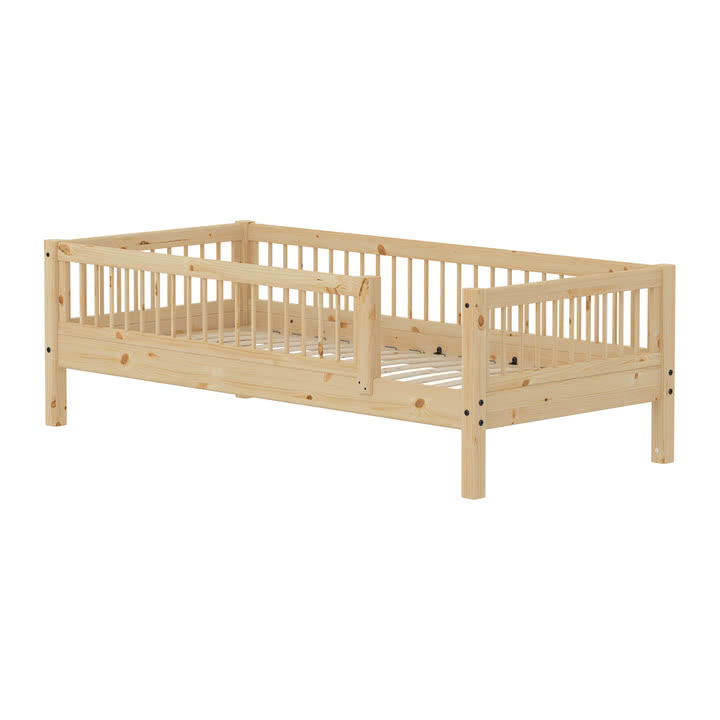 Flexa - Raw single bed with crossbars and fall protection, 90 x 200 cm, pine wood