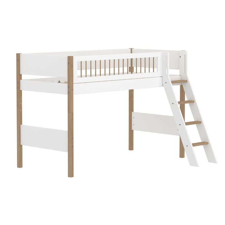 Flexa - Nor Loft bed with sloping ladder, H 143 cm, oak / white
