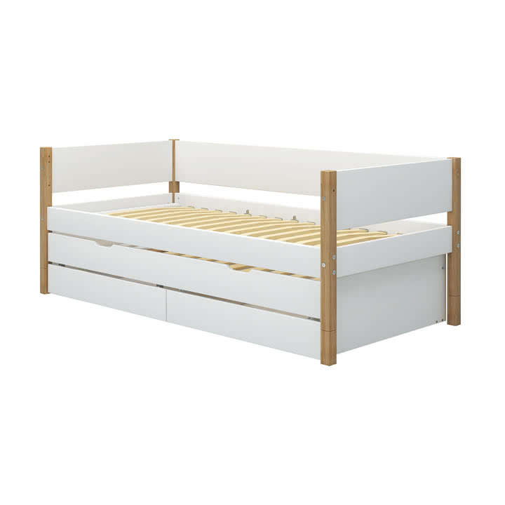 Flexa - Nor Single bed with pull-out bed and storage, 90 x 200 cm, oak / white