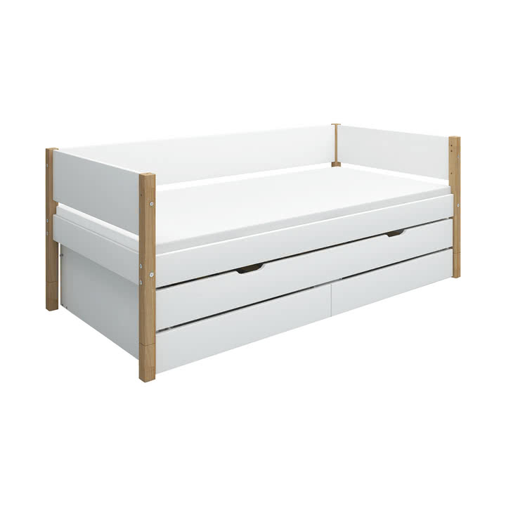 Flexa - Nor Single bed with pull-out bed and storage, 90 x 200 cm, oak / white