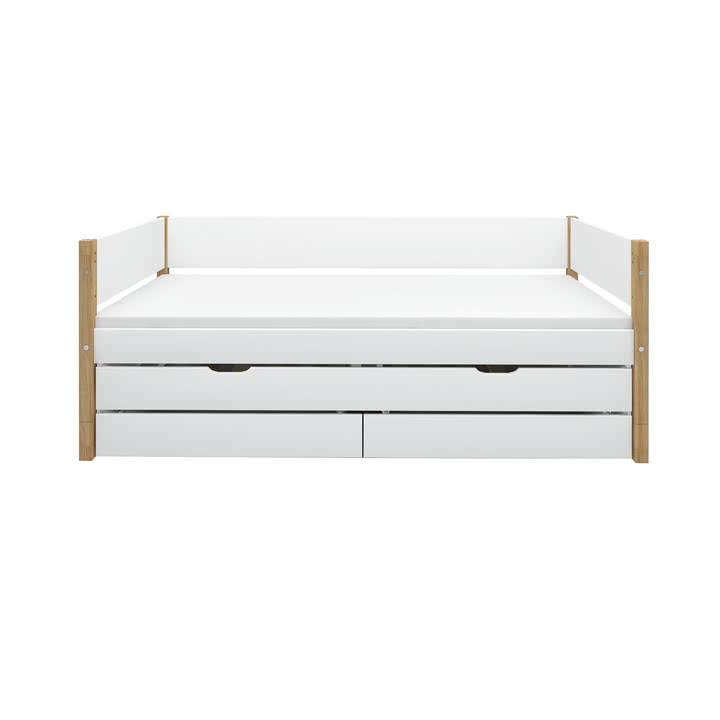 Flexa - Nor Single bed with pull-out bed and storage, 90 x 200 cm, oak / white