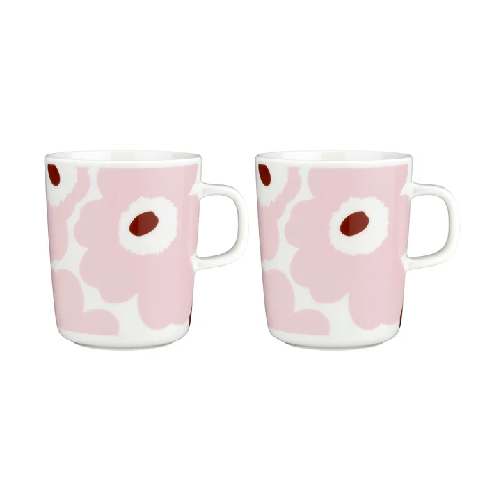 Marimekko - Oiva Juhla Unikko mug with handle, 250 ml, white / pink / chestnut (set of 2)