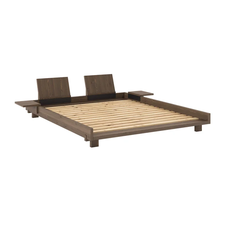 Karup - Social bed incl. backrest and 2 bedside tables, 160 x 200 cm, brown pine