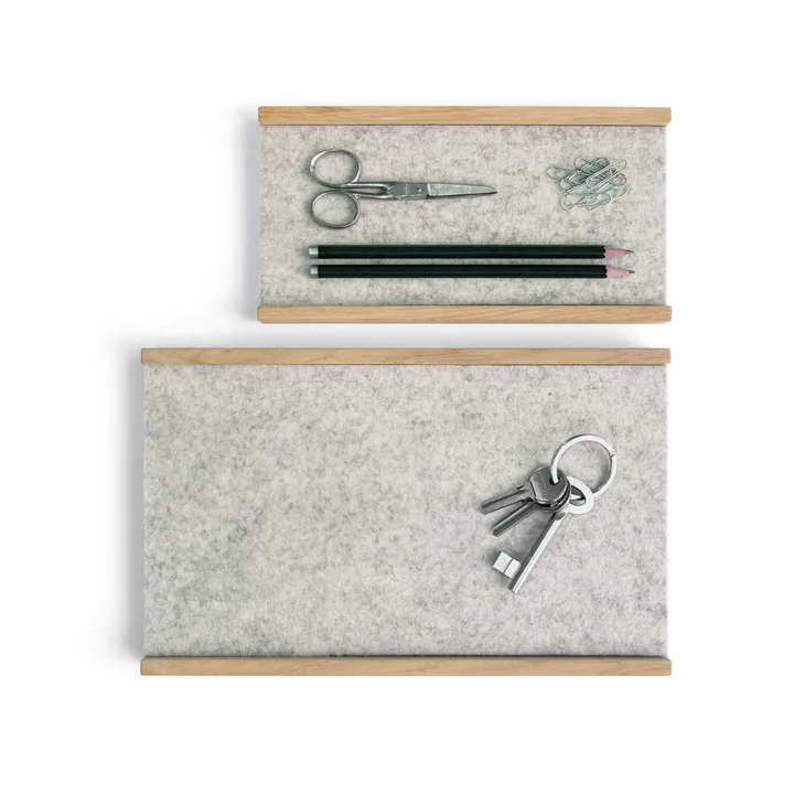 side by side - All in One Place shelf, small and large, natural oak