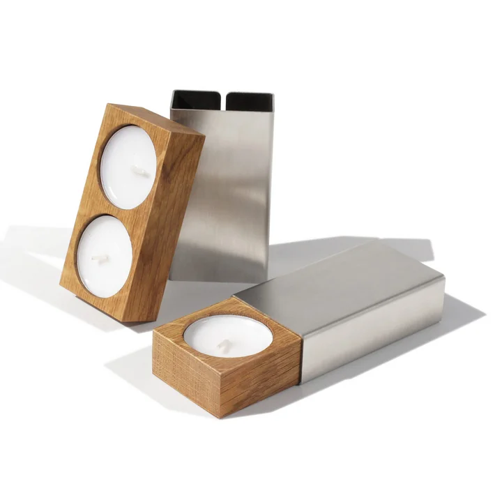 side by side - Two of us Candle holder, 9.2 x 5 cm, oak / silver