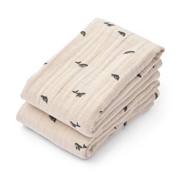 LIEWOOD - Lewis muslin cloths made of organic cotton, mini whale, sandy (set of 2)