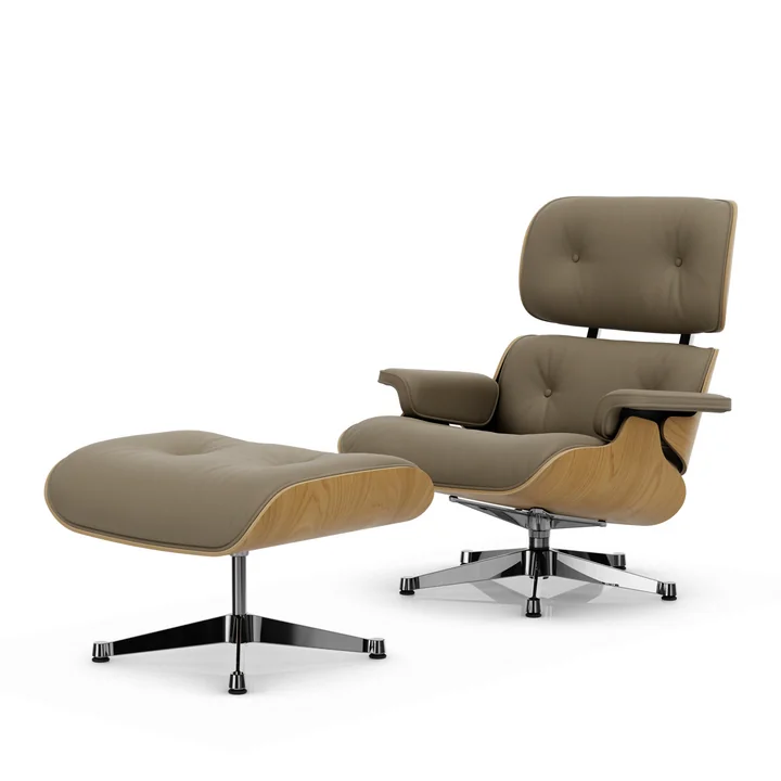 Vitra - Lounge Chair & Ottoman, polished, natural chestnut, natural leather F, dark sand