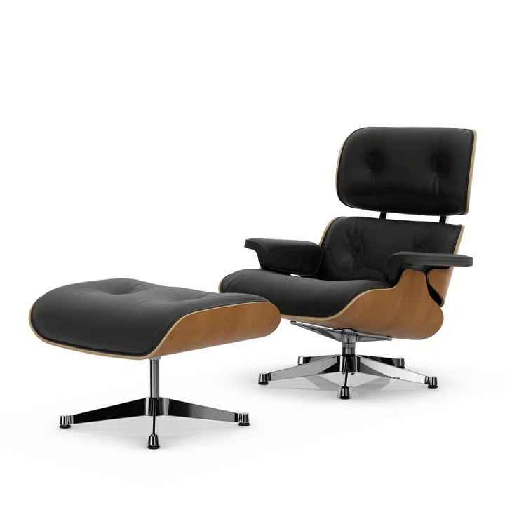 Vitra - Lounge Chair & Ottoman, polished, natural cherry, Premium F leather, nero
