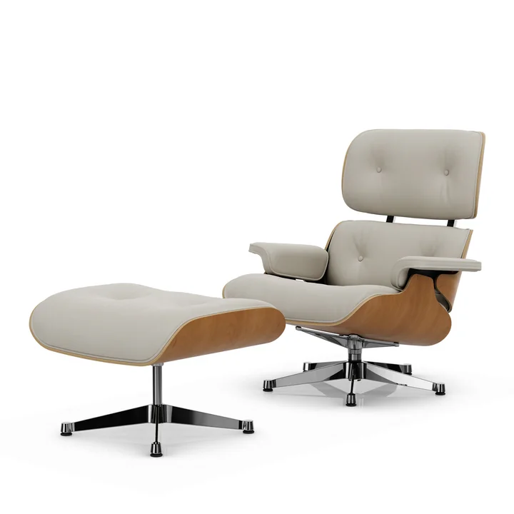 Vitra - Lounge Chair & Ottoman, polished, natural cherry, Premium F leather, snow