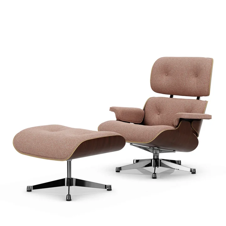Vitra - Lounge Chair & Ottoman, polished, dark walnut, Nubia, ivory / peach