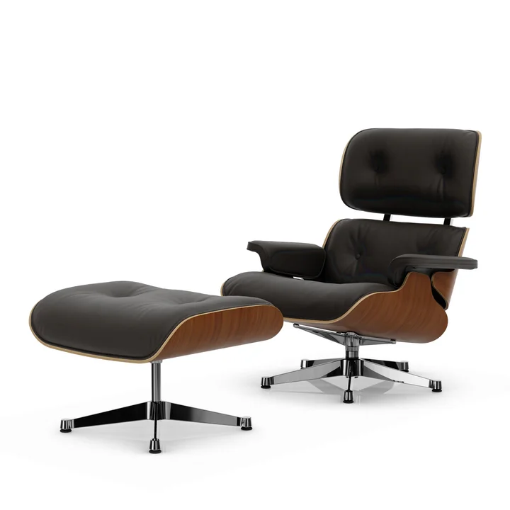 Vitra - Lounge Chair & Ottoman, polished, natural walnut, Premium F leather, chocolate