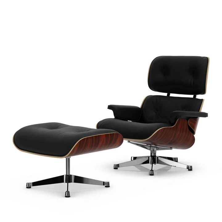Vitra - Lounge Chair & Ottoman, polished, Santos rosewood, leather Premium F nero
