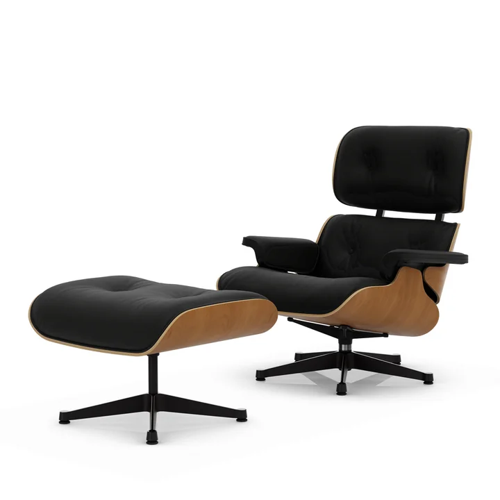 Vitra - Lounge Chair & Ottoman, black / polished, natural cherry, Premium F leather, nero