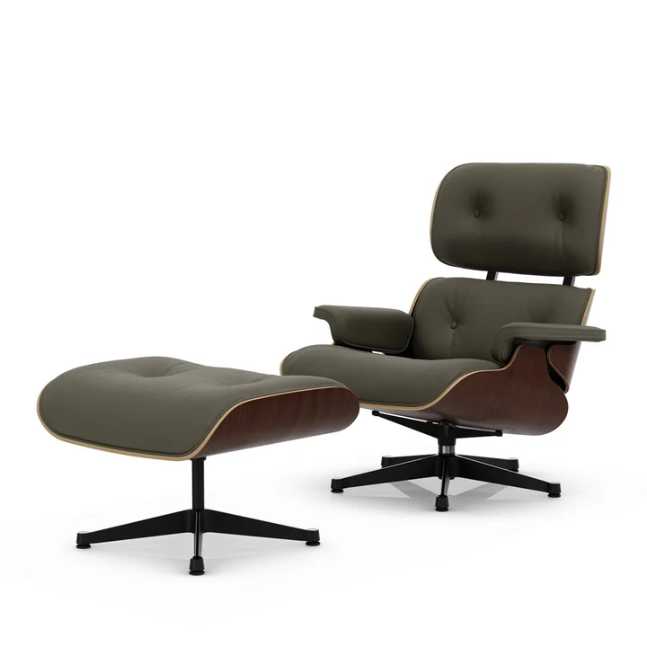 Vitra - Lounge Chair & Ottoman, black / polished, dark walnut, Premium F leather, khaki