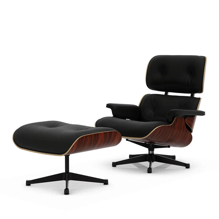 Vitra - Lounge Chair & Ottoman, black / polished, Santos rosewood, Premium F leather, nero
