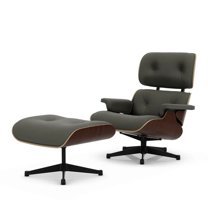 Vitra - Lounge Chair & Ottoman, black, dark walnut, Premium F leather, umbra gray