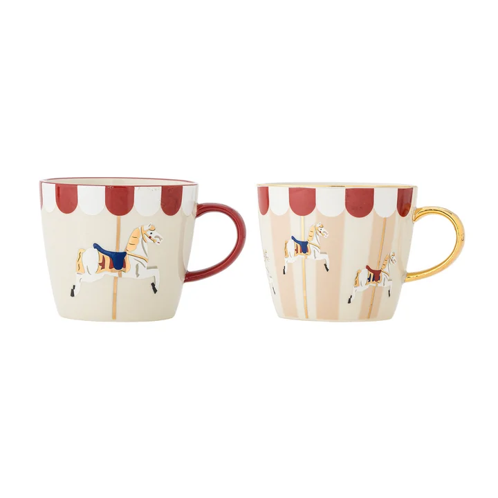 Bloomingville - Merry-go-round Christmas mug with handle, Ø 9.5 cm, H 8 cm, red / white (set of 2)