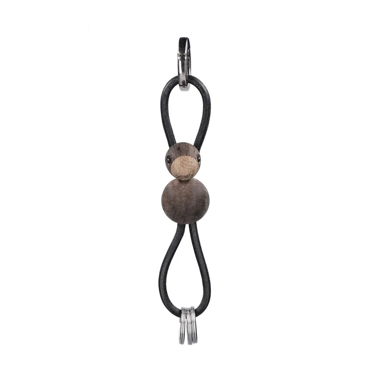 Kay Bojesen - Bird key ring, untreated oak, smoked / silver / black leather