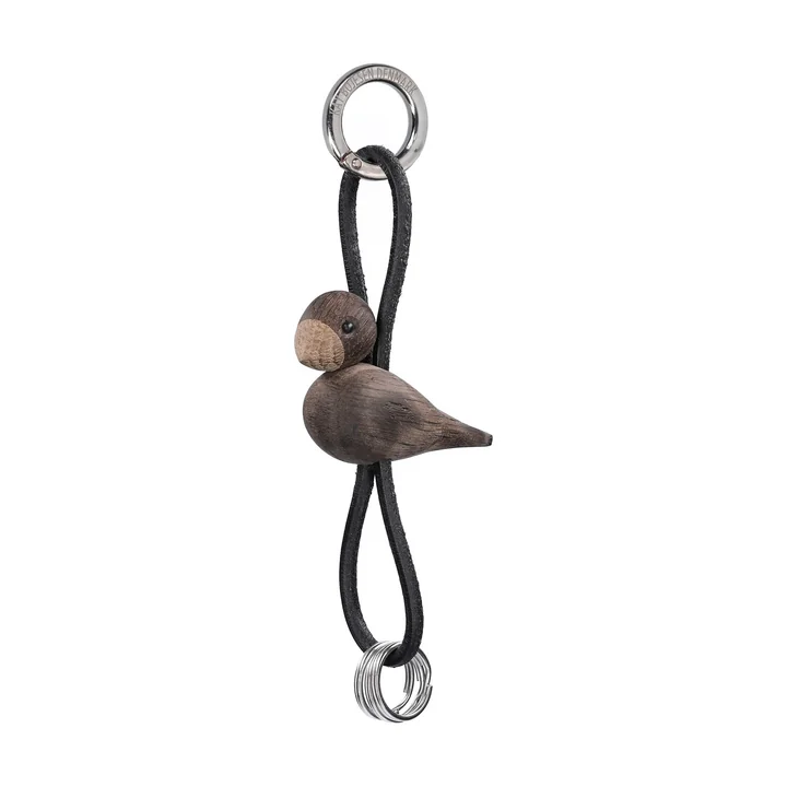Kay Bojesen - Bird key fob, untreated oak, smoked / silver / black leather
